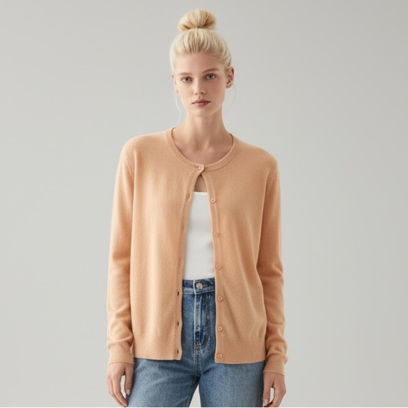 Bloomingdale's Sweaters - MAG for Bloomingdale’s Classic Crewneck Button-Front Tan Cashmere Luxe Cardigan